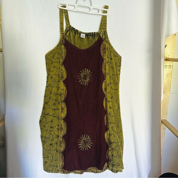 Mini Dress Embroidered Acid Wash Sleeveless Made In India One Size Brown Green - Picture 1 of 9